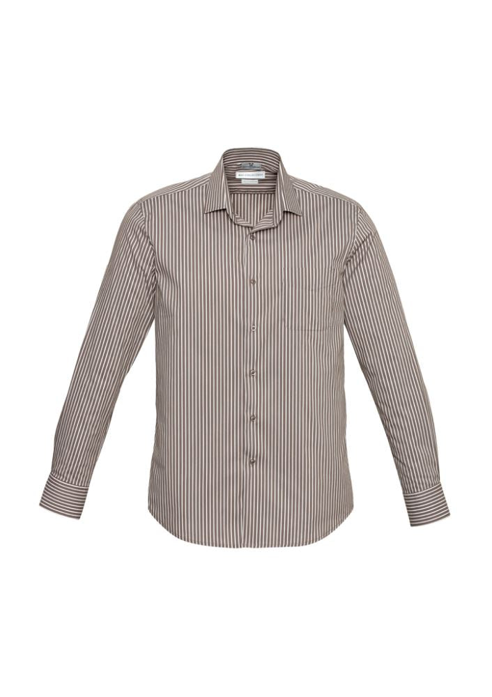 Men's Zurich Long Sleeve Shirt in Mocha/White, featuring modern collar, stretch fabric, and adjustable cuffs for versatile style.