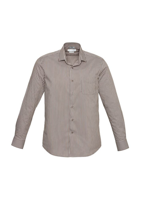 Men's Zurich Long Sleeve Shirt in Mocha/White, featuring modern collar, stretch fabric, and adjustable cuffs for versatile style.