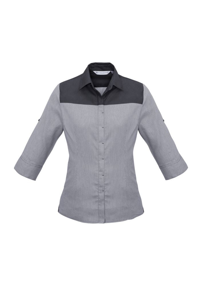 Ladies Havana 3/4 Sleeve Shirt in Slate with houndstooth pattern, roll-up sleeves, and elegant design for versatile wear.