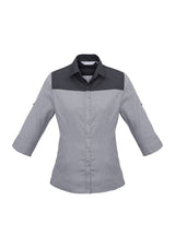 Ladies Havana 3/4 Sleeve Shirt in Slate, featuring houndstooth pattern, roll-up sleeves, and UPF protection for stylish comfort.