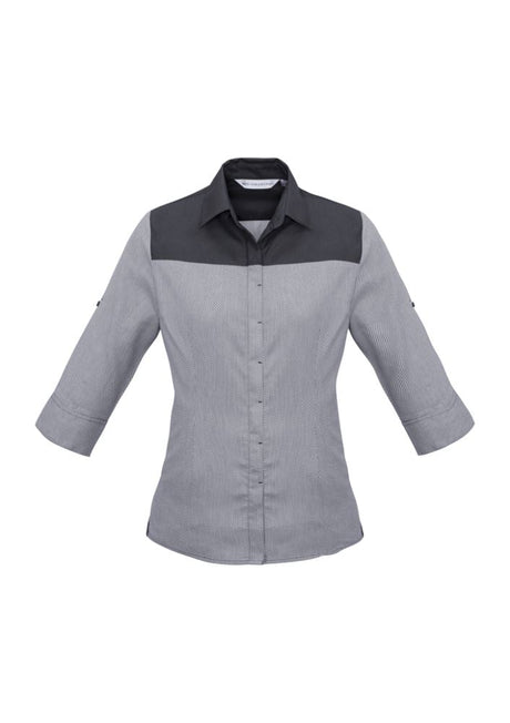 Ladies Havana 3/4 Sleeve Shirt in Slate, featuring houndstooth pattern, roll-up sleeves, and UPF protection for stylish comfort.