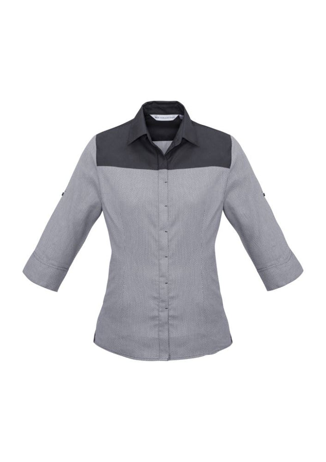 Ladies Havana 3/4 Sleeve Shirt in Slate, featuring houndstooth pattern, roll-up sleeves, and UPF protection for stylish comfort.