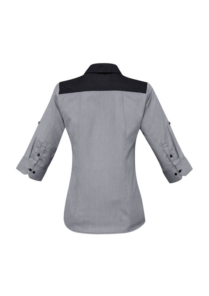 Ladies Havana 3/4 Sleeve Shirt in Slate, Size 6, features houndstooth fabric, roll-up sleeves, and excellent sun protection.