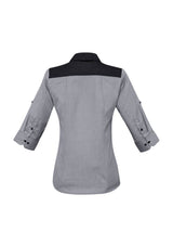 Ladies Havana 3/4 Sleeve Shirt in Slate with houndstooth pattern, roll-up sleeves, and curved hem for versatile styling.