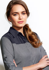 Slate 3/4 sleeve shirt for women with houndstooth pattern, UPF protection, and roll-up sleeves from Biz Collection. Size 12.