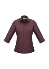 Ladies Hemingway 3/4 Sleeve Shirt in Port Wine, featuring a modern collar, soft cotton blend, and stylish cross-dyed effect.