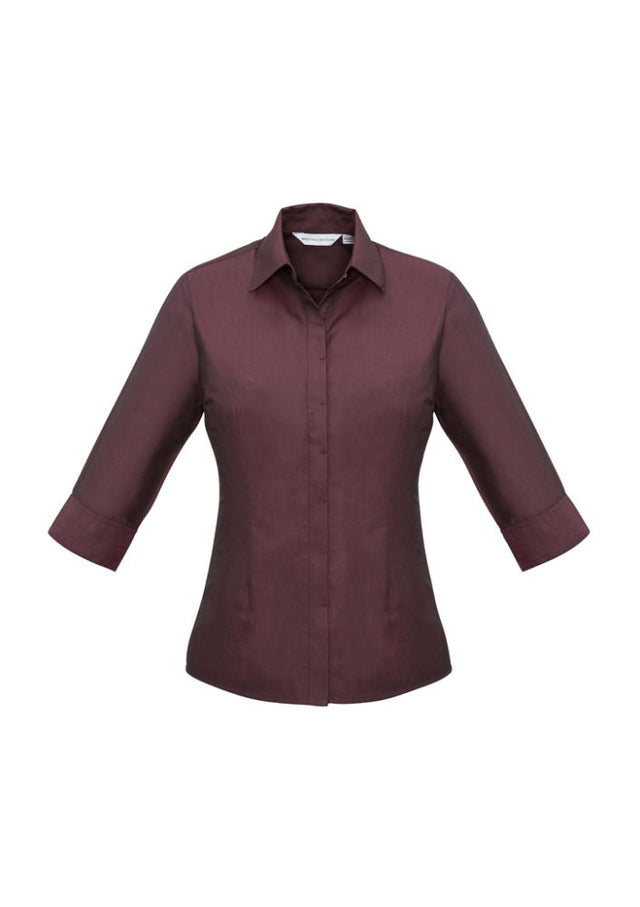 Ladies Hemingway 3/4 sleeve shirt in Port Wine, Size 18, featuring a modern collar, concealed buttons, and stylish two-tone fabric.