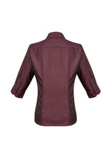 Ladies Hemingway 3/4 Sleeve Shirt in Port Wine, size 24, featuring a modern collar, adjustable cuffs, and UPF protection.