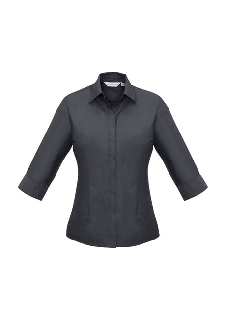 Slate ladies' 3/4 sleeve shirt, size 10, featuring modern collar, concealed placket, and UPF protection for style and comfort.