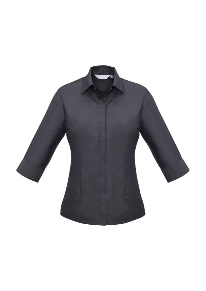 Ladies Hemingway 3/4 Sleeve Shirt in Slate, Size 14, featuring modern collar, concealed buttons, and adjustable cuffs for effortless style.