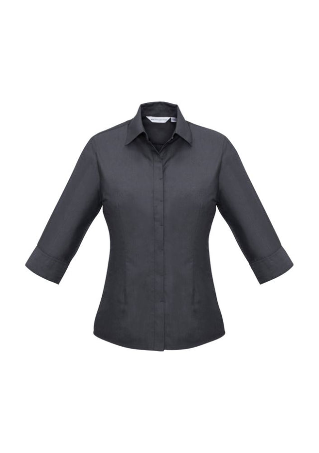 Elegant slate 3/4 sleeve shirt for women, featuring a sleek collar, concealed placket, and adjustable cuffs for versatile styling.