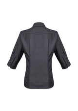 Ladies Hemingway 3/4 Sleeve Shirt in Slate, size 8, features a modern collar, concealed buttons, and excellent UPF protection.