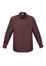 Men's Hemingway Long Sleeve Shirt in Port Wine, Size L, featuring modern collar, twin-back pleats, and UPF protection.