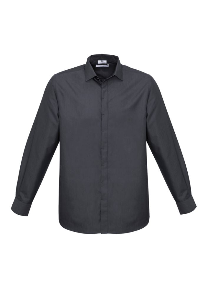 Mens Hemingway Long Sleeve Shirt in Slate, size S, featuring a modern collar, concealed placket, and twin-back pleats.