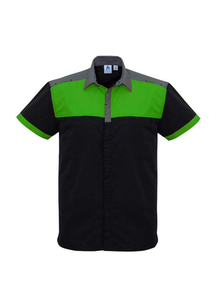 Mens Charger Shirt in Black, Green, and Grey, featuring antibacterial fabric, UPF protection, and twin chest pockets for versatility.
