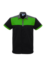 Mens Charger Shirt in Black, Green, and Grey, featuring antibacterial fabric, UPF protection, and twin chest pockets for versatility.