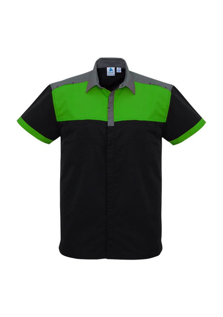 Mens Charger Shirt in Black, Green, and Grey, featuring antibacterial fabric, UPF protection, and twin chest pockets for versatility.