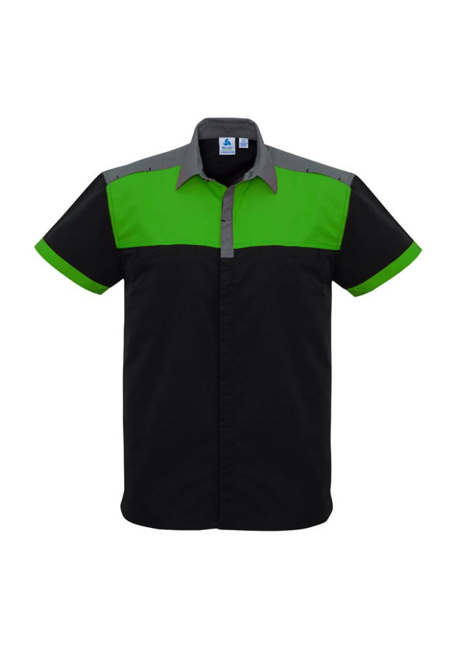 Mens Charger Shirt in Black, Green, and Grey, featuring antibacterial fabric, UPF protection, and twin chest pockets for versatility.