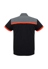 Men's Charger Shirt in Black, Fluoro Orange, and Grey, size 2XL; features breathable fabric, UPF protection, and twin chest pockets.