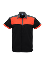 Men's Charger Shirt in Black, Fluoro Orange, and Grey; breathable, antibacterial fabric with UPF protection and twin chest pockets.