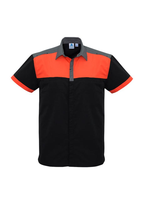 Men's Charger Shirt in Black, Fluoro Orange, and Grey; breathable, antibacterial fabric with UPF protection and twin chest pockets.