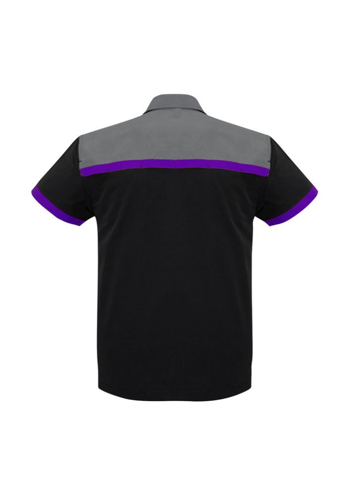 Men's Charger Shirt in Black/Purple/Grey, size M, featuring breathable fabric, UPF protection, and stylish twin chest pockets.