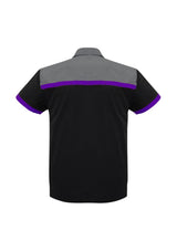 Men's Charger Shirt in Black/Purple/Grey, size M, featuring breathable fabric, UPF protection, and stylish twin chest pockets.