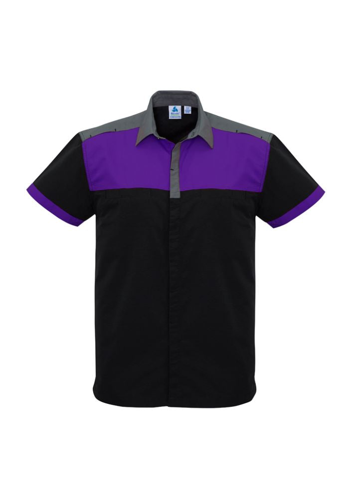 Men's Charger Shirt in Black/Purple/Grey, size M, features breathable fabric, UPF protection, and stylish twin chest pockets.