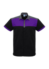 Men's Charger Shirt in Black/Purple/Grey, size M, features breathable fabric, UPF protection, and stylish twin chest pockets.