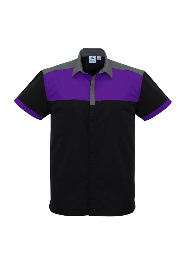 Men's Charger Shirt in Black/Purple/Grey, size M, features breathable fabric, UPF protection, and stylish twin chest pockets.