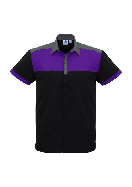 Men's 3XL Charger Shirt in Black/Purple/Grey, featuring breathable fabric, UPF protection, and twin chest pockets for style and comfort.