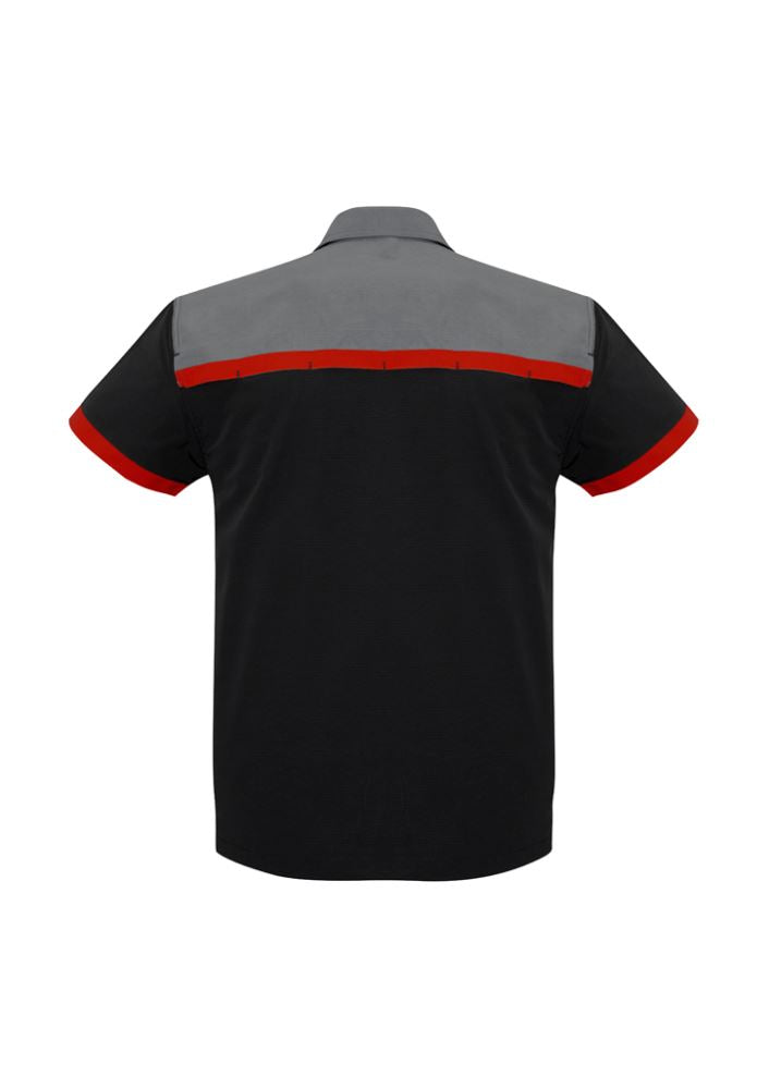 Stylish Men's Charger Shirt in black, red, and grey, featuring breathable fabric, twin chest pockets, and modern design.