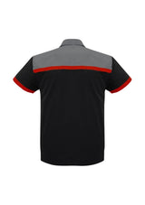 Men's 3XL Charger Shirt in Black, Red, and Grey, featuring breathable fabric, antibacterial treatment, and twin chest pockets.
