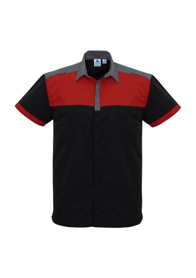 Men's Charger Shirt in black, red, and grey, size 3XL, featuring breathable fabric, anti-odour treatment, and twin chest pockets.