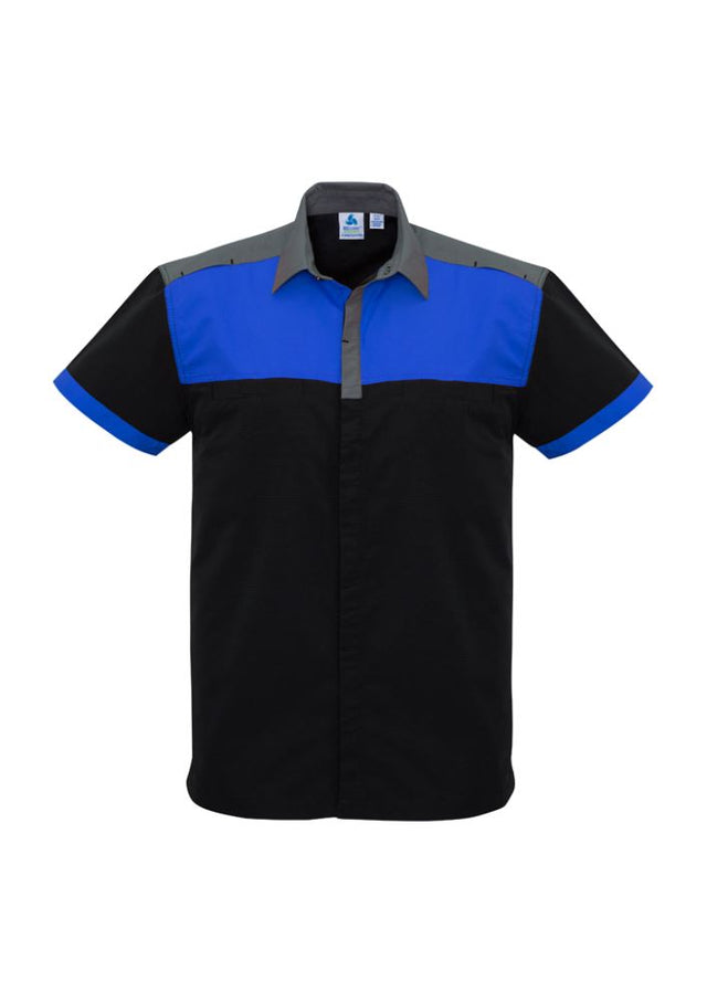 Men's Charger Shirt in Black/Royal/Grey, featuring breathable fabric, antibacterial treatment, and stylish contrast panels. Size L.