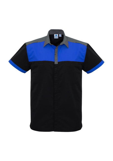 Mens Charger Shirt in black, royal, and grey, featuring breathable fabric, antibacterial treatment, and functional twin chest pockets.