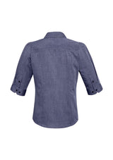 Ladies Trend 3/4 Sleeve Shirt in Midnight Blue, size 8, featuring a pin dot pattern, Y-line placket, and versatile curved hem.