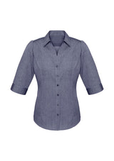 Ladies Trend 3/4 Sleeve Shirt in Midnight Blue, Size 16, featuring a stylish Y-line placket and pin dot pattern.
