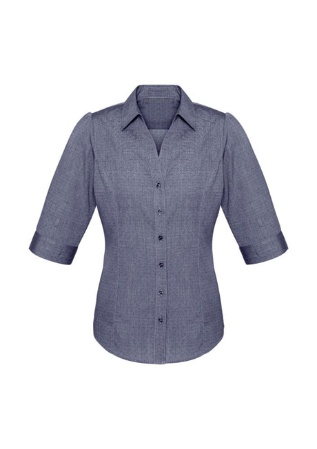 Ladies Trend 3/4 Sleeve Shirt in Midnight Blue, Size 16, featuring a stylish Y-line placket and pin dot pattern.