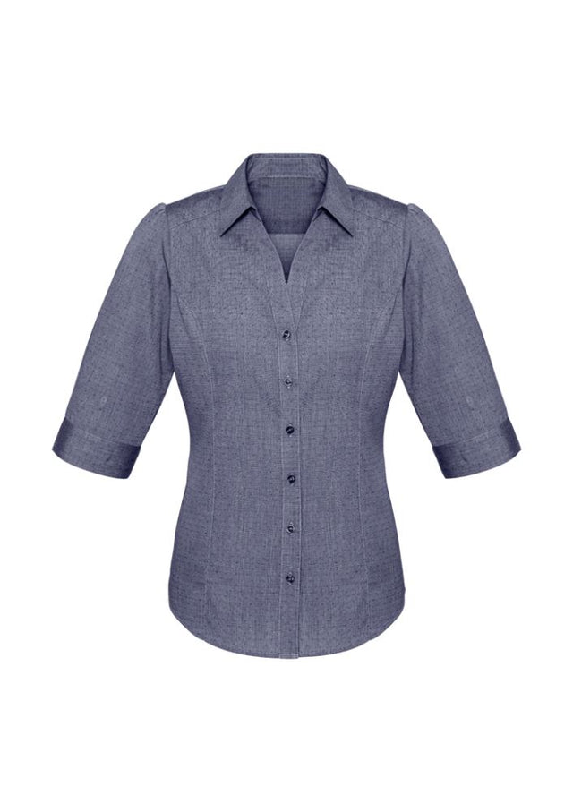 Ladies Trend 3/4 Sleeve Shirt in Midnight Blue, Size 16, featuring a stylish Y-line placket and pin dot pattern.