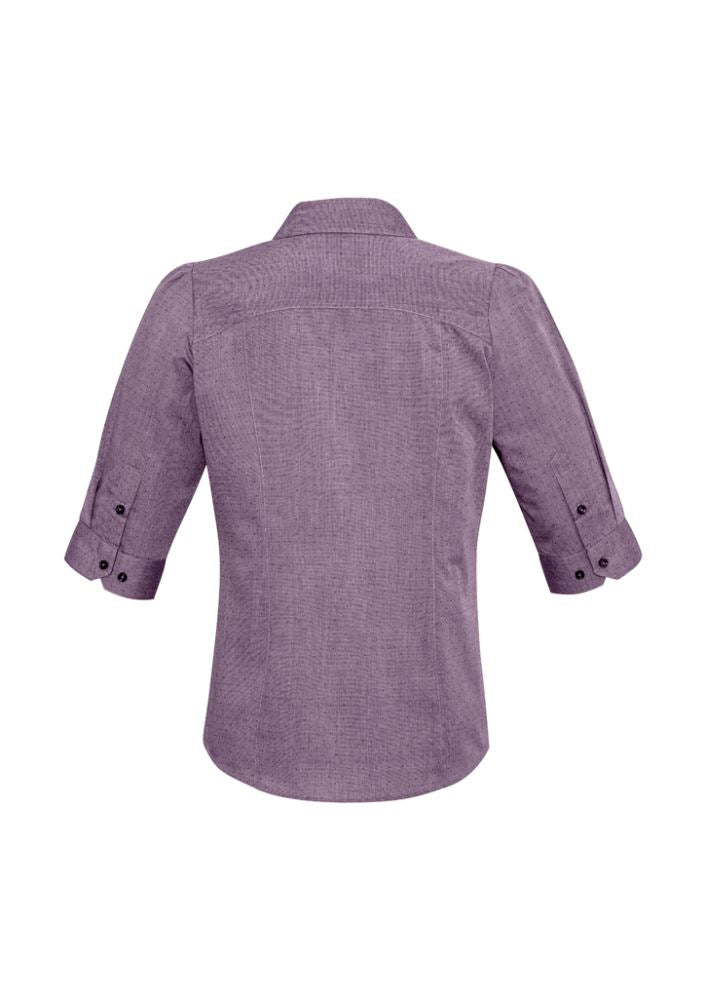 Ladies Trend 3/4 Sleeve Shirt in plum, size 12, featuring a pin dot pattern, Y-line placket, and elegant curved hem.