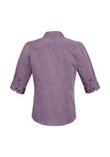 Ladies Trend 3/4 Sleeve Shirt in plum, size 12, featuring a pin dot pattern, Y-line placket, and elegant curved hem.
