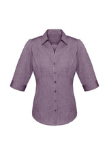 Ladies Trend 3/4 Sleeve Shirt in plum, size 20, featuring a pin dot pattern, Y-line placket, and curved hem for versatile styling.