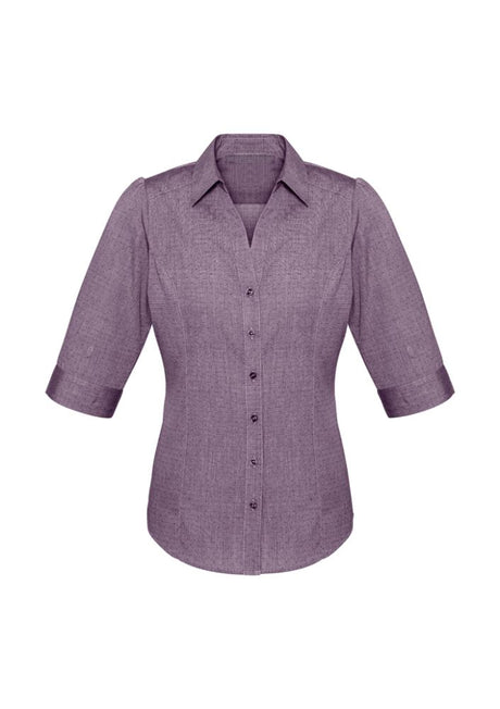 Ladies Trend 3/4 Sleeve Shirt in plum, size 20, featuring a pin dot pattern, Y-line placket, and curved hem for versatile styling.