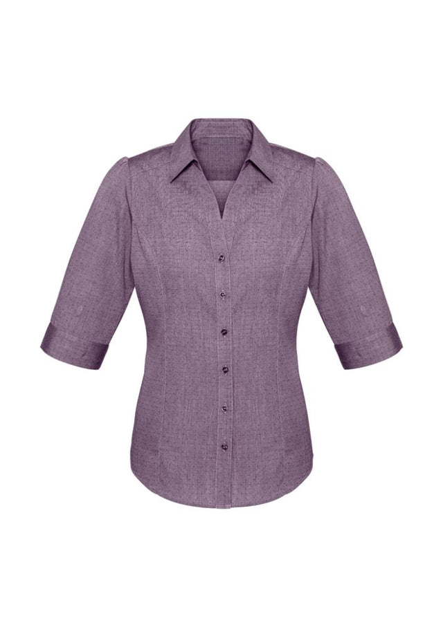 Ladies Trend 3/4 Sleeve Shirt in plum, size 20, featuring a pin dot pattern, Y-line placket, and curved hem for versatile styling.