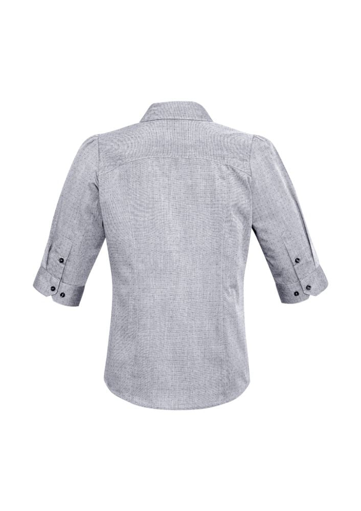 Ladies silver 3/4 sleeve shirt with pin dot pattern, Y-line placket, and curved hem, perfect for casual or professional wear.
