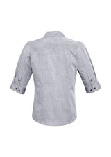 Ladies silver 3/4 sleeve shirt with pin dot pattern, Y-line placket, and curved hem, perfect for casual or professional wear.