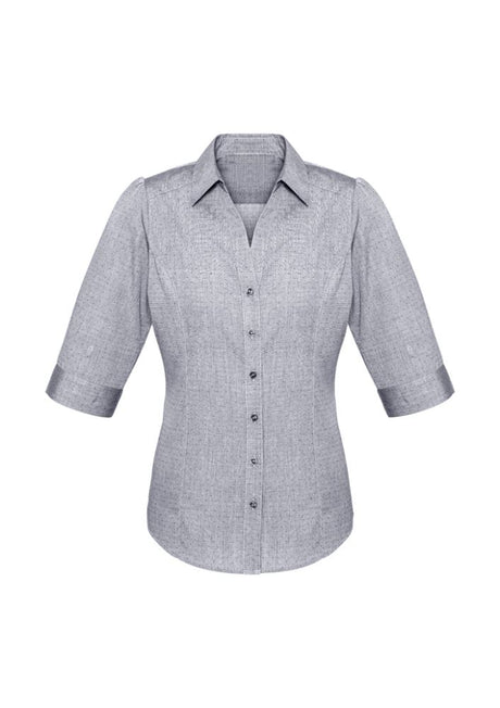 Ladies Trend 3/4 Sleeve Shirt in Silver, size 24, featuring a stylish pin dot pattern and elegant Y-line placket.