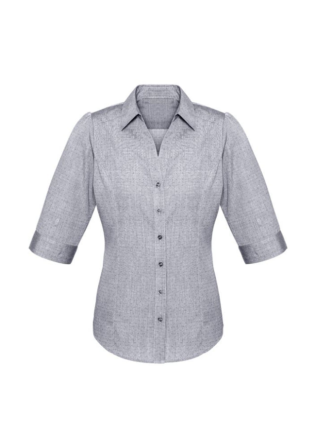 Ladies Trend 3/4 Sleeve Shirt in Silver, size 24, featuring a stylish pin dot pattern and elegant Y-line placket.