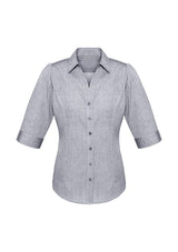 Ladies Trend Silver 3/4 Sleeve Shirt in Size 6, featuring a yarn woven pin dot pattern and flattering Y-line placket design.